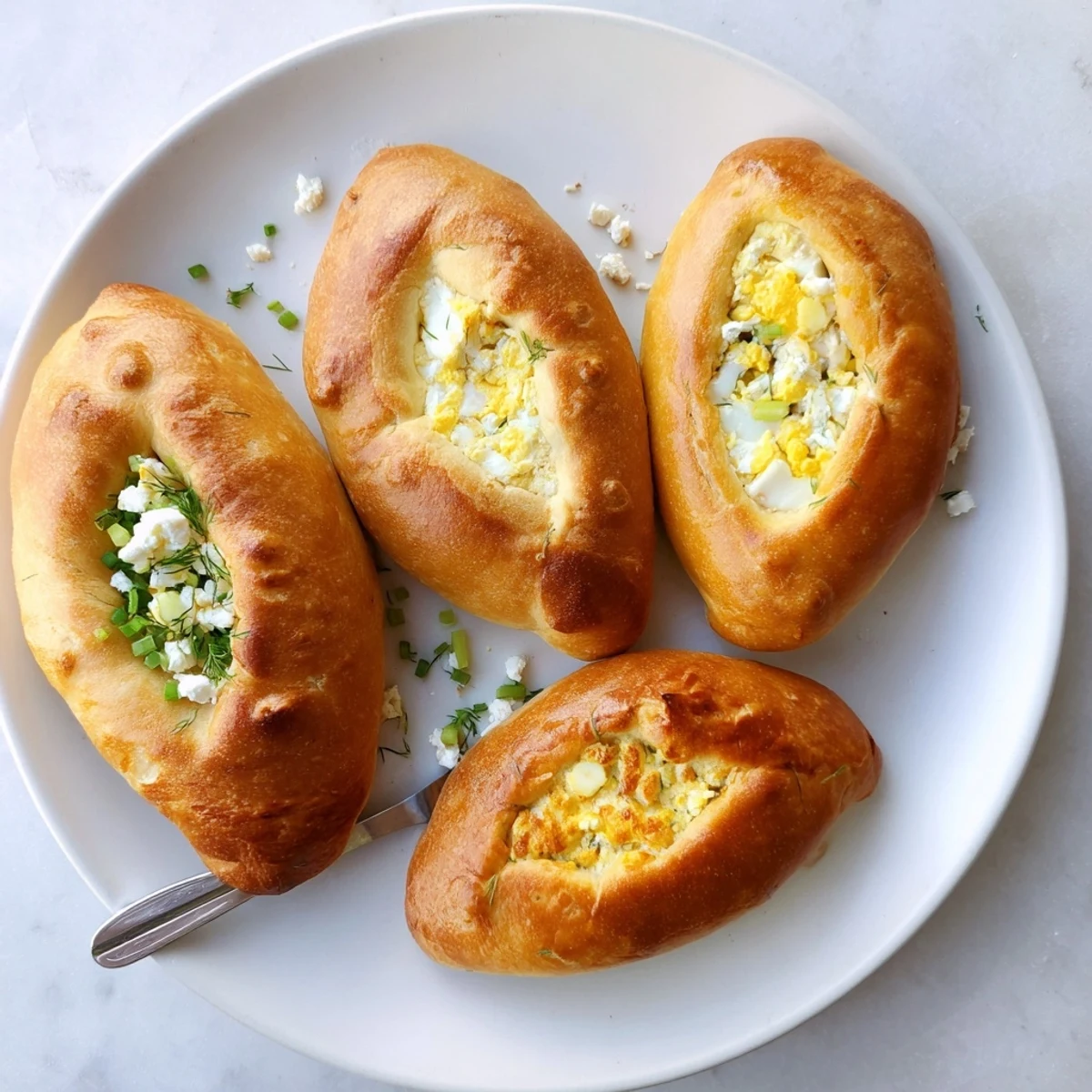 A close-up of a halved Cheesy Egg and Cheese Piroshki showing the soft egg and cheese filling inside.