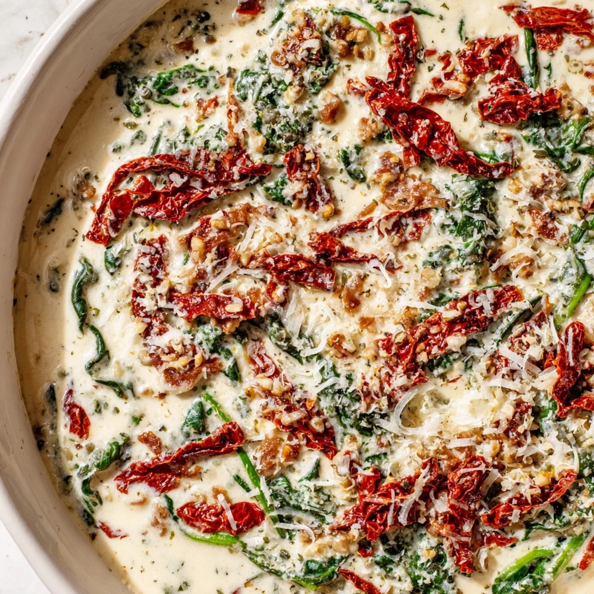 A close-up of creamy Tuscan garlic sauce in a pan with wilted spinach and sun-dried tomatoes, ready to serve over pasta.