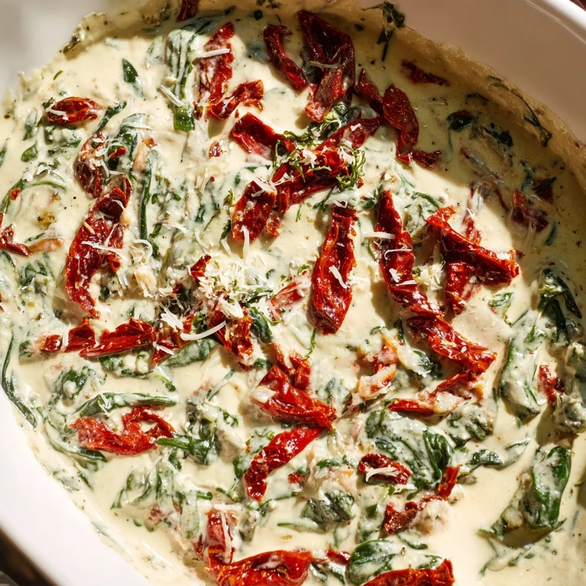 A bowl of penne pasta generously coated in Creamy Tuscan Garlic Sauce, garnished with fresh spinach and sun-dried tomatoes.