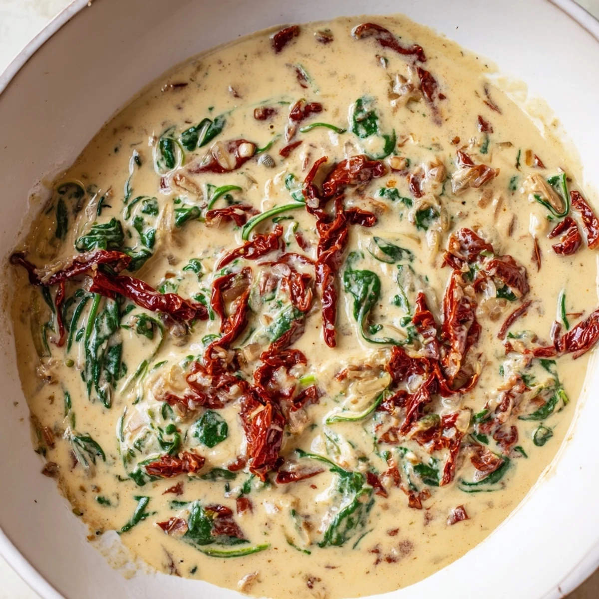 A spoon drizzling creamy Tuscan garlic sauce over grilled chicken breast on a white plate, showing the velvety texture.
