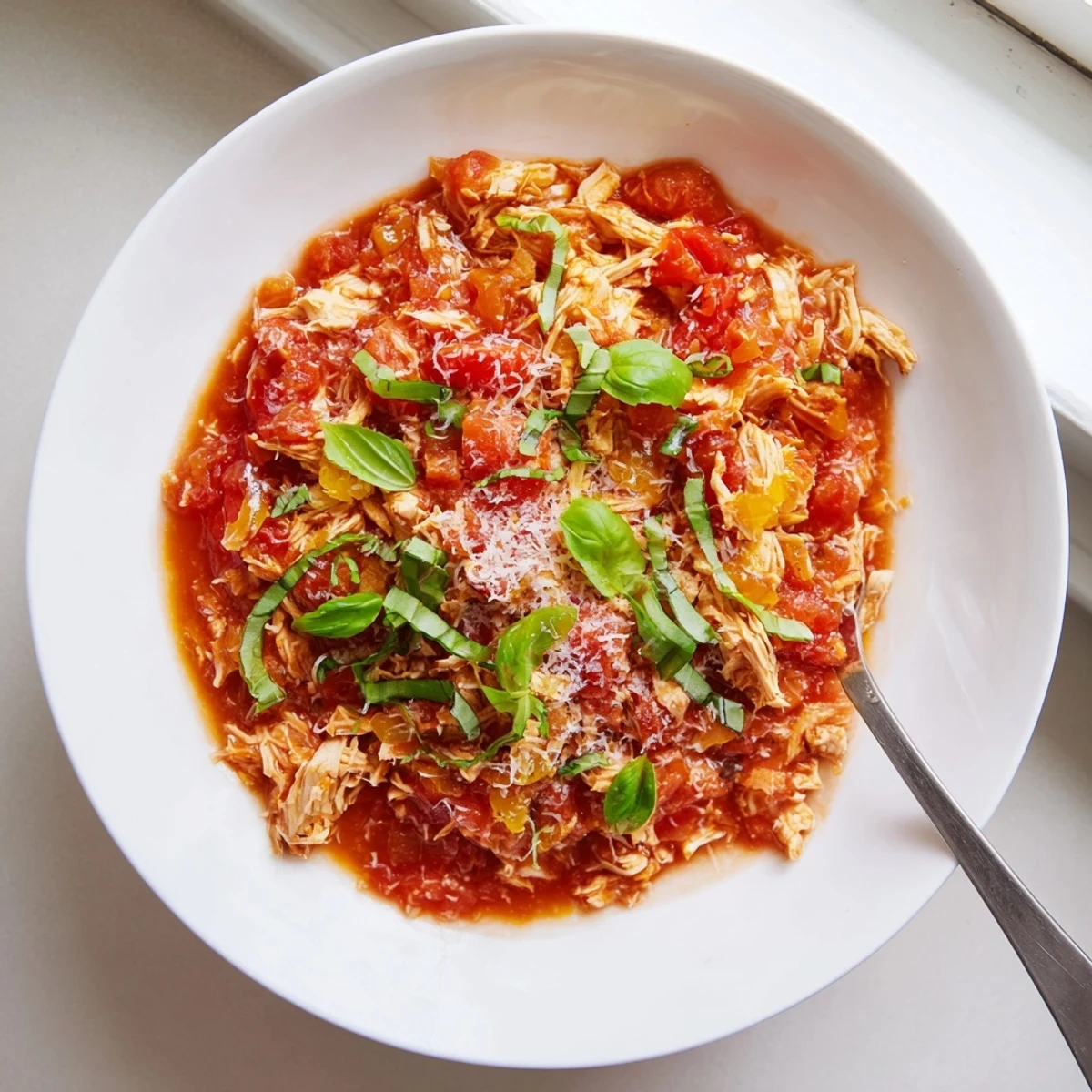 The Slow Cooker Tomato Basil Chicken simmers in a rich, creamy tomato sauce dotted with fresh basil leaves in a ceramic slow cooker insert.