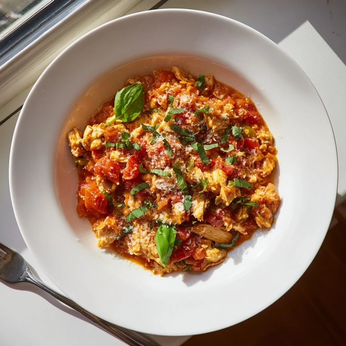 Tender chicken breasts in the Slow Cooker Tomato Basil Chicken release steam over a bowl of pasta with extra Parmesan and a wine glass nearby.