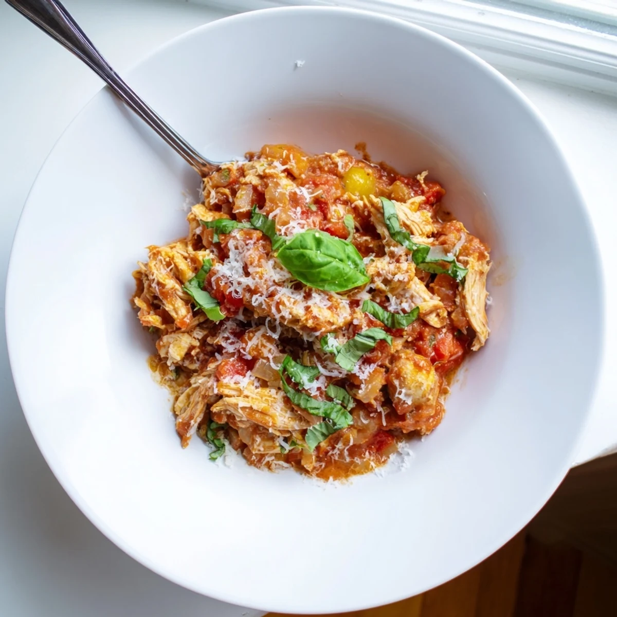 A close-up of Slow Cooker Tomato Basil Chicken shows saucy shredded chicken in a thick tomato and basil sauce with a rustic wooden spoon.