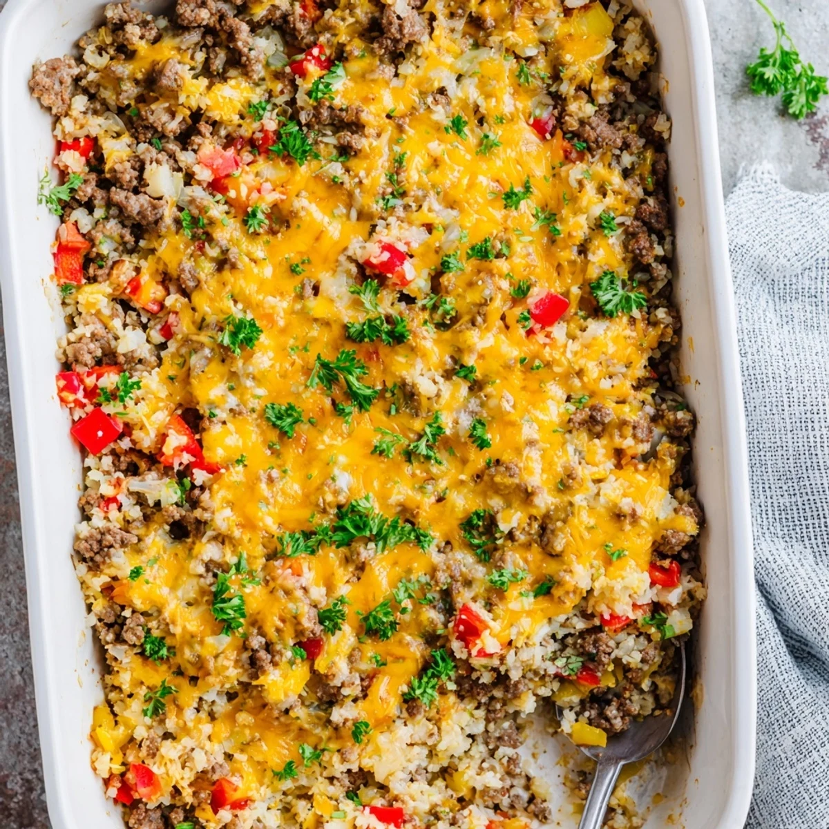 A close-up of the Ground Beef Casserole with Cauliflower Rice, featuring a golden, bubbly cheese crust over the savory filling.