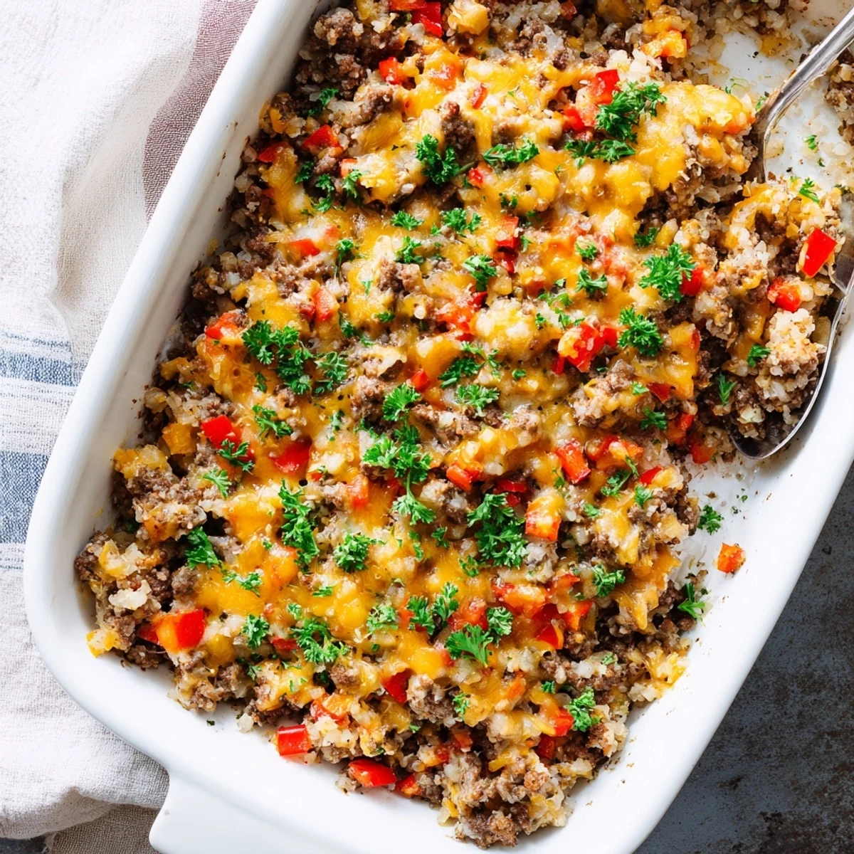 Serving the Ground Beef Casserole with Cauliflower Rice from a baking dish, garnished with fresh parsley for a bright finish.