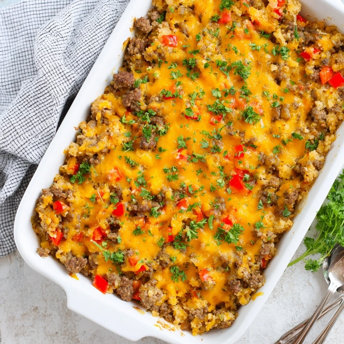 A hearty slice of Ground Beef Casserole with Cauliflower Rice on a plate, showing the creamy beef and vegetable layers.