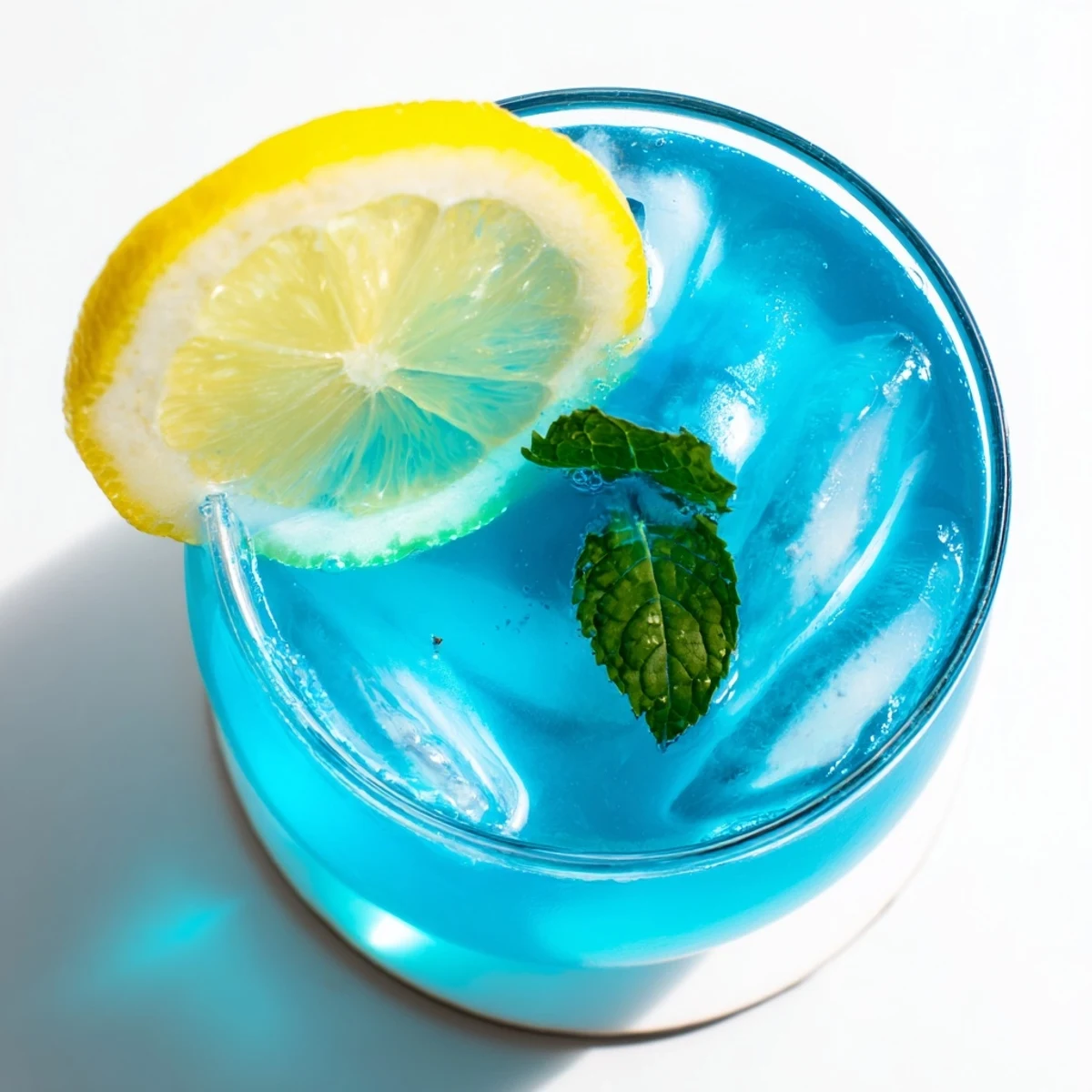 A tall glass of Blue Spirulina Lemonade glistens with ice and fresh mint on a sunny patio table.