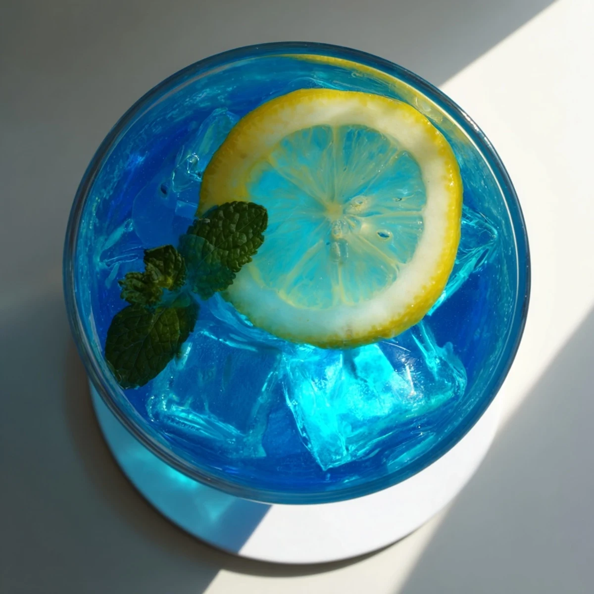 Overhead view of Blue Spirulina Lemonade showing bright turquoise color, mint sprigs, and condensation on the glass.