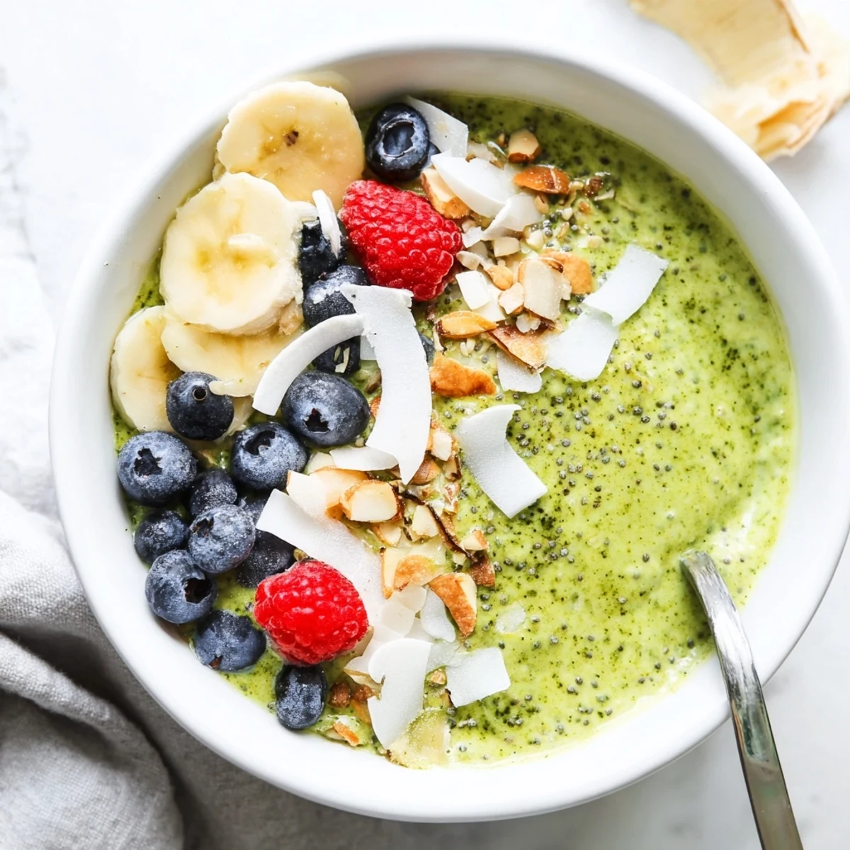 A jar of vibrant green Matcha Protein Overnight Oats topped with fresh berries and sliced banana.