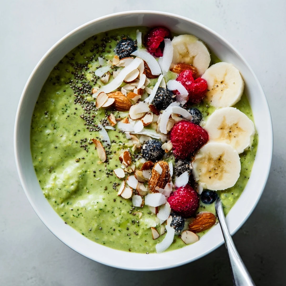 Chilled Matcha Protein Overnight Oats served in a glass jar with a spoon beside it for breakfast.