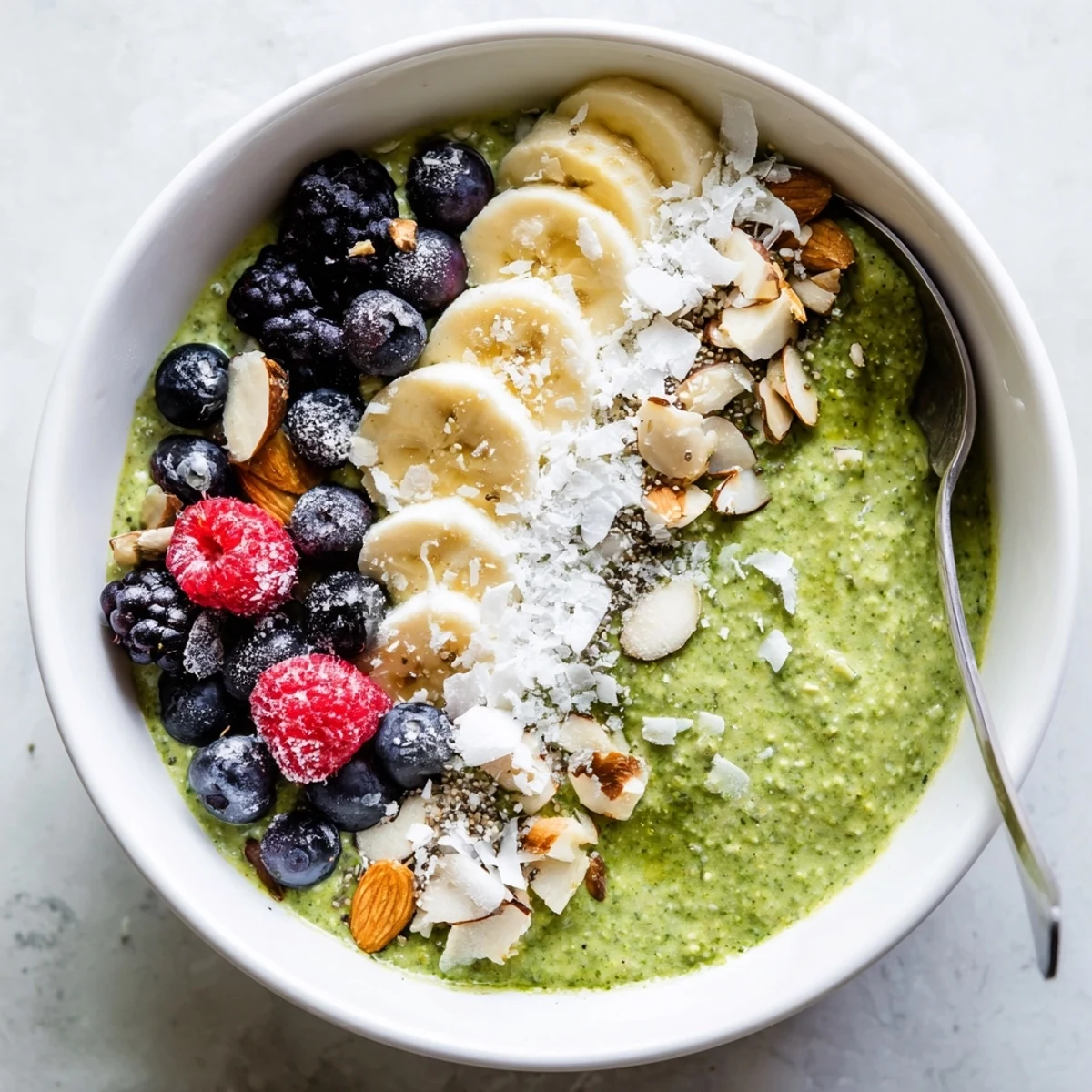 Close-up of creamy Matcha Protein Overnight Oats in a bowl with coconut flakes and a drizzle of honey.
