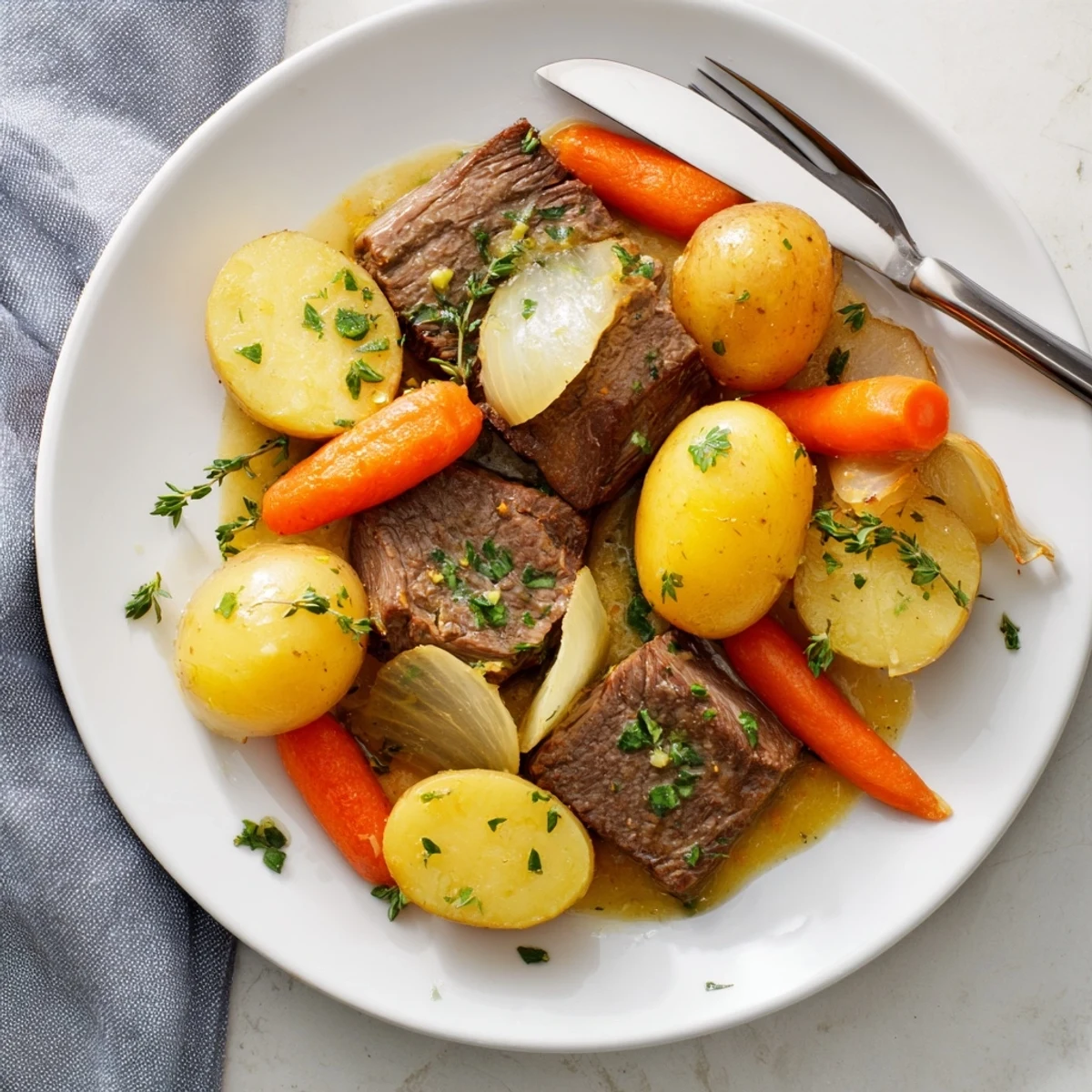A top-down view shows Slow Cooker Garlic Butter Beef With Potatoes served in a rustic bowl, garnished with fresh parsley. 