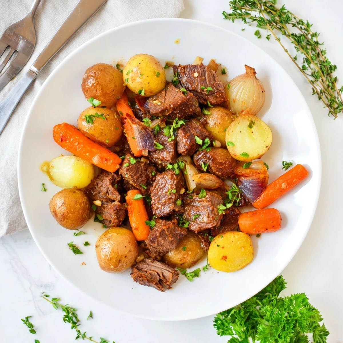 Golden potatoes and tender beef cubes in Slow Cooker Garlic Butter Beef With Potatoes, coated in a rich, aromatic garlic butter sauce. 