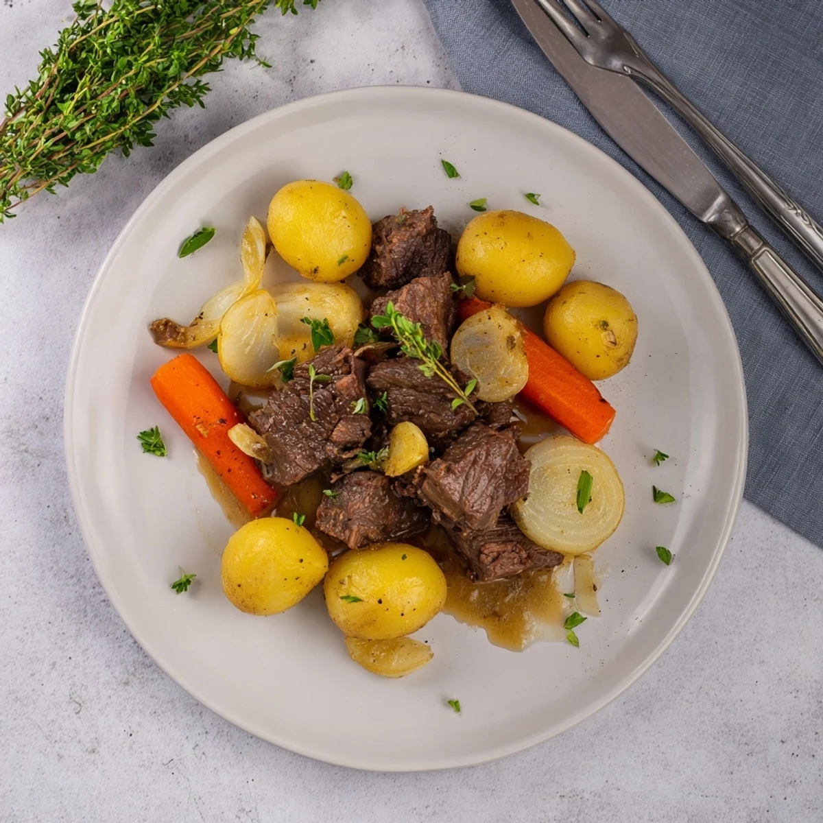 Close-up of Slow Cooker Garlic Butter Beef With Potatoes featuring fork-tender beef and buttery baby potatoes in a savory herb sauce.
