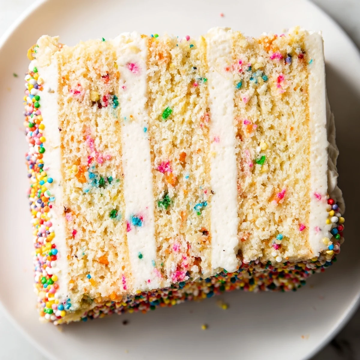 Freshly baked Milk Bar Birthday Cake layers with moist vanilla sponge and creamy frosting.