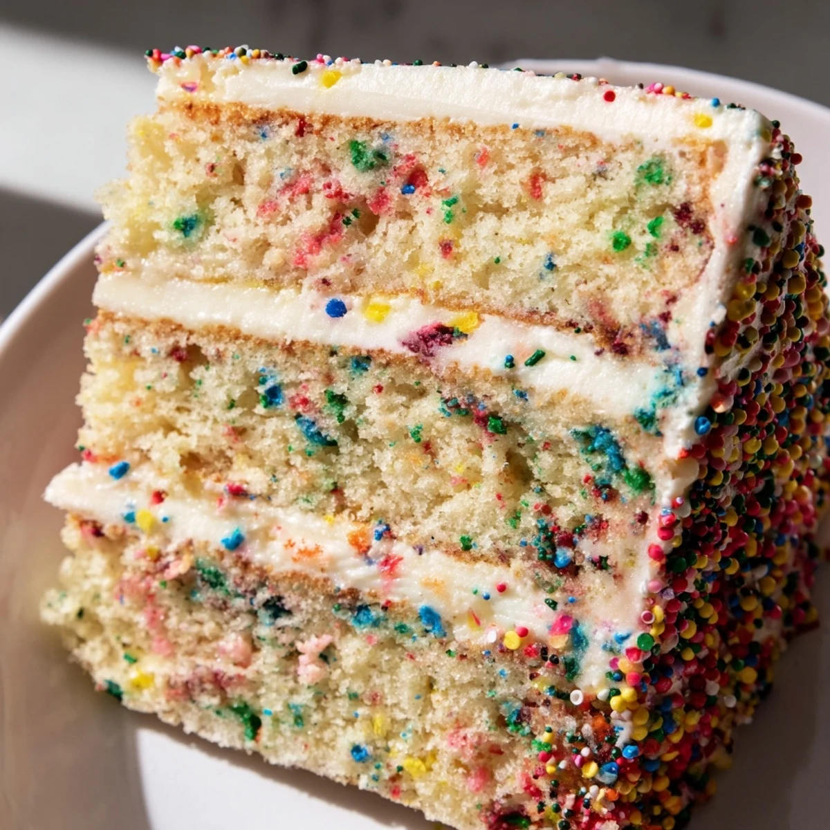 Colorful rainbow sprinkles adorn the top of the finished Milk Bar Birthday Cake.