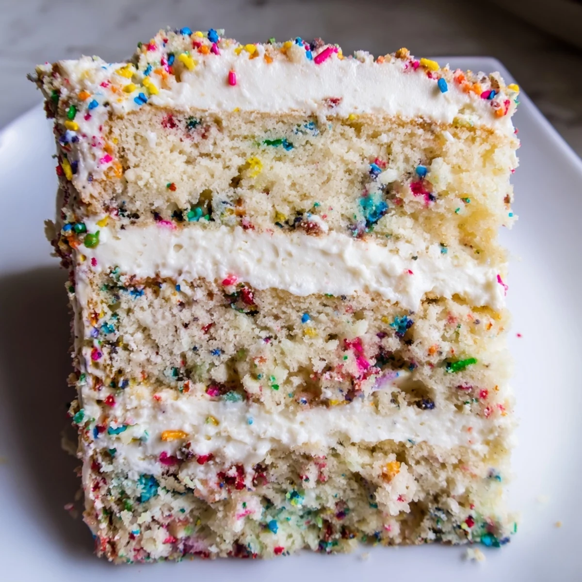 A slice of Milk Bar Birthday Cake on a white plate with a birthday candle.