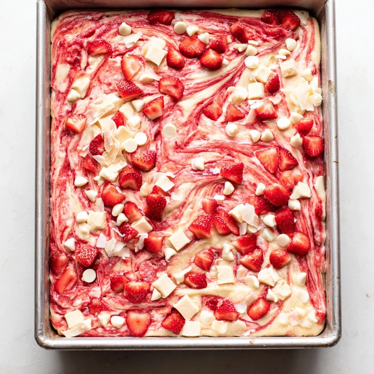 A close view of Strawberry Earthquake Cake shows melted white chocolate chips and shredded coconut topping in a rustic setting.