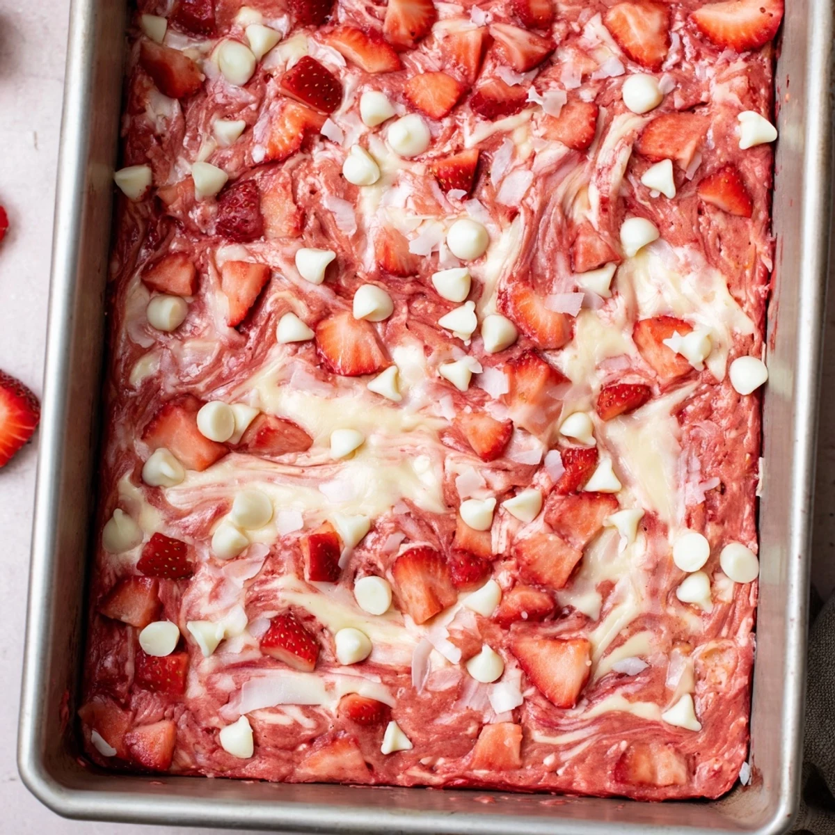 Golden slices of Strawberry Earthquake Cake reveal gooey cream cheese swirls and bursts of fresh berries on a white plate.