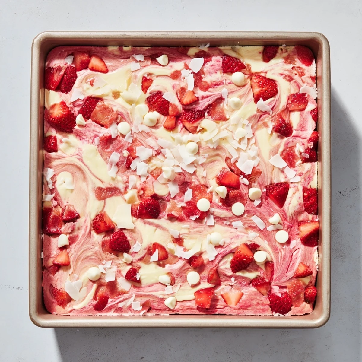 A summer dessert table features a pan of Strawberry Earthquake cake beside vanilla ice cream and fresh strawberry garnish.