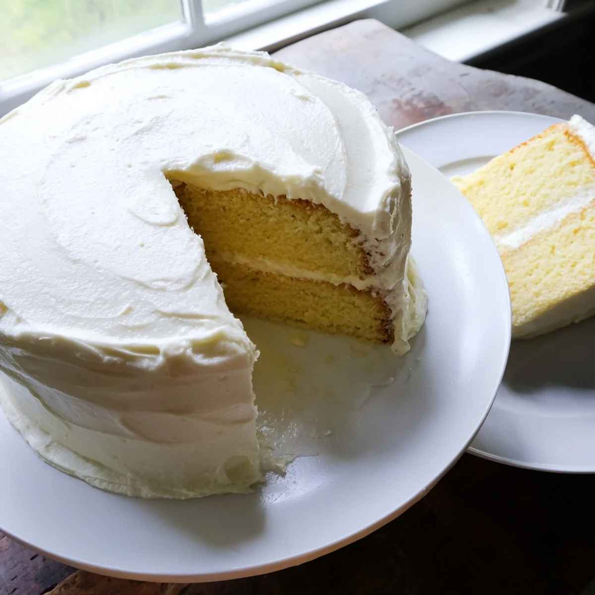 A freshly baked Perfect Vanilla Cake with creamy buttercream frosting sits on a marble countertop.