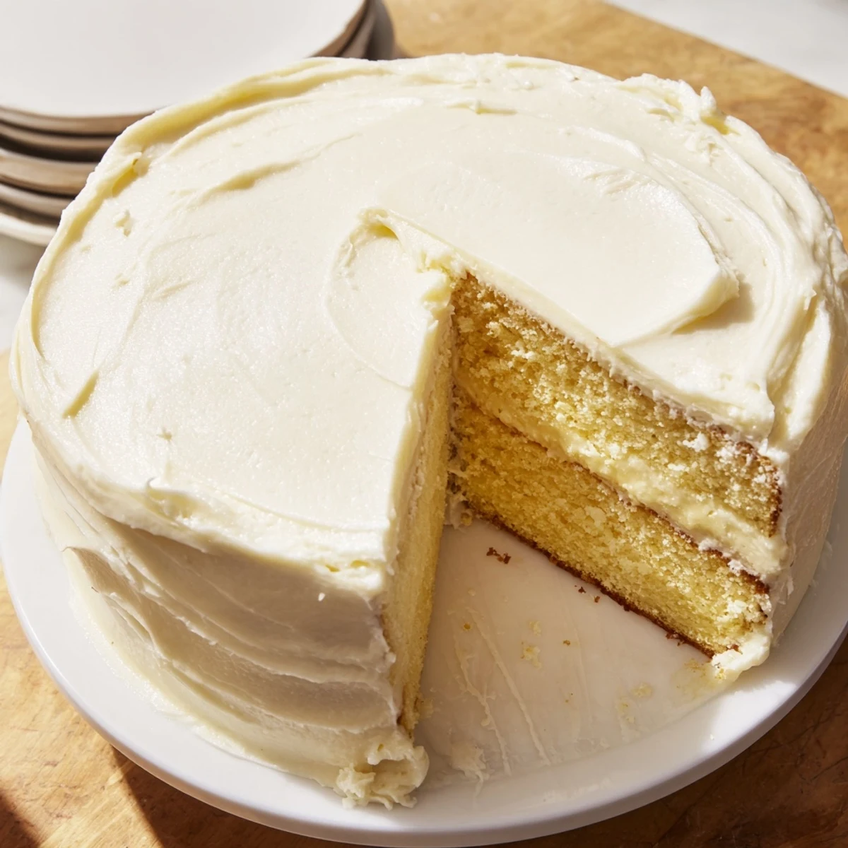 Perfect Vanilla Cake is frosted with smooth vanilla buttercream, paired with a glass of cold milk.