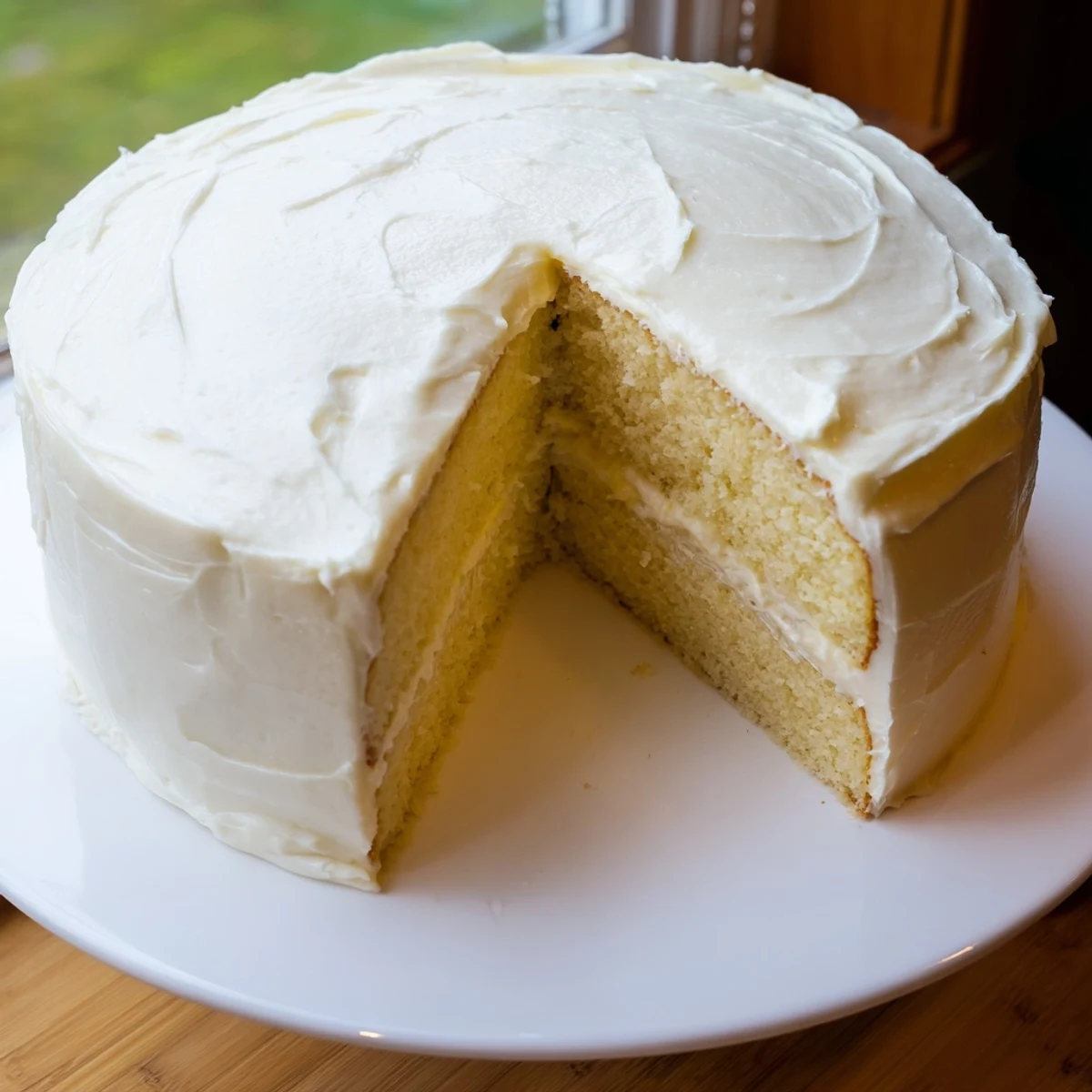 Perfect Vanilla Cake layers are stacked high, ready to be sliced for a celebration dessert.