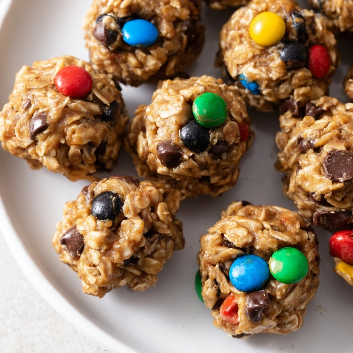 Monster Cookie Protein Balls on a white plate, showing chewy texture with oats, chocolate chips, and colorful candy pieces.