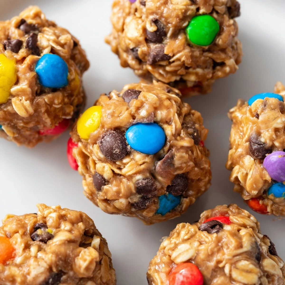 Close-up of Monster Cookie Protein Balls with peanut butter base, rolled oats, and mini M&Ms for a sweet snack.