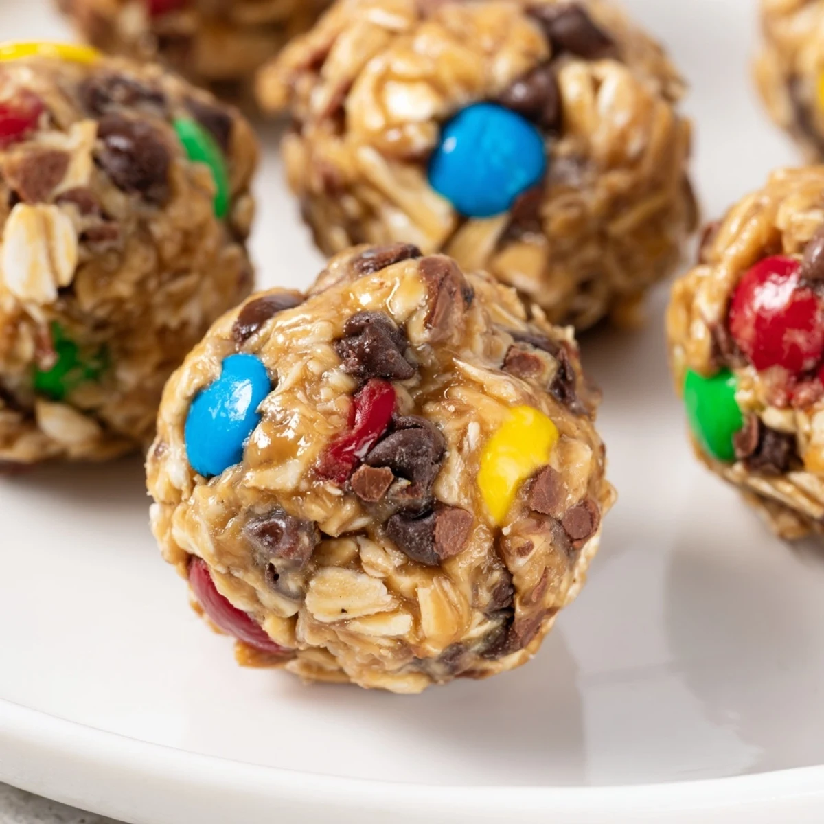 Homemade Monster Cookie Protein Balls arranged on parchment paper, easy no-bake snack ready for healthy eating.