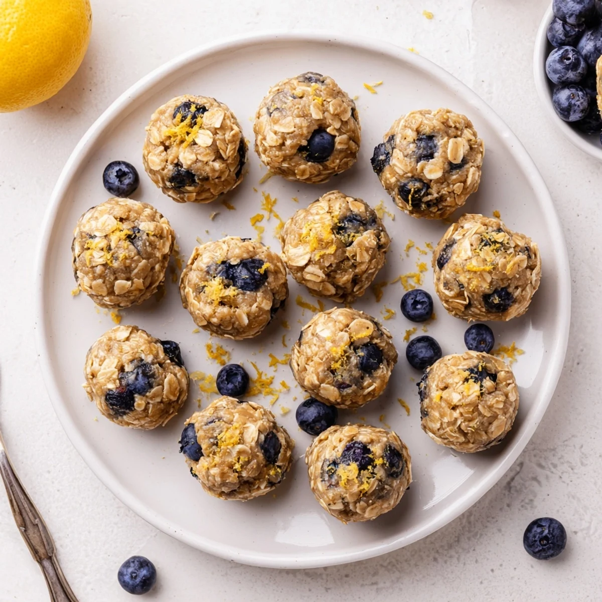 Twelve rolled oats, cream cheese, and blueberry cheesecake protein bites lined up on a cooling rack, garnished with fresh berries and lemon zest for a bright snack.