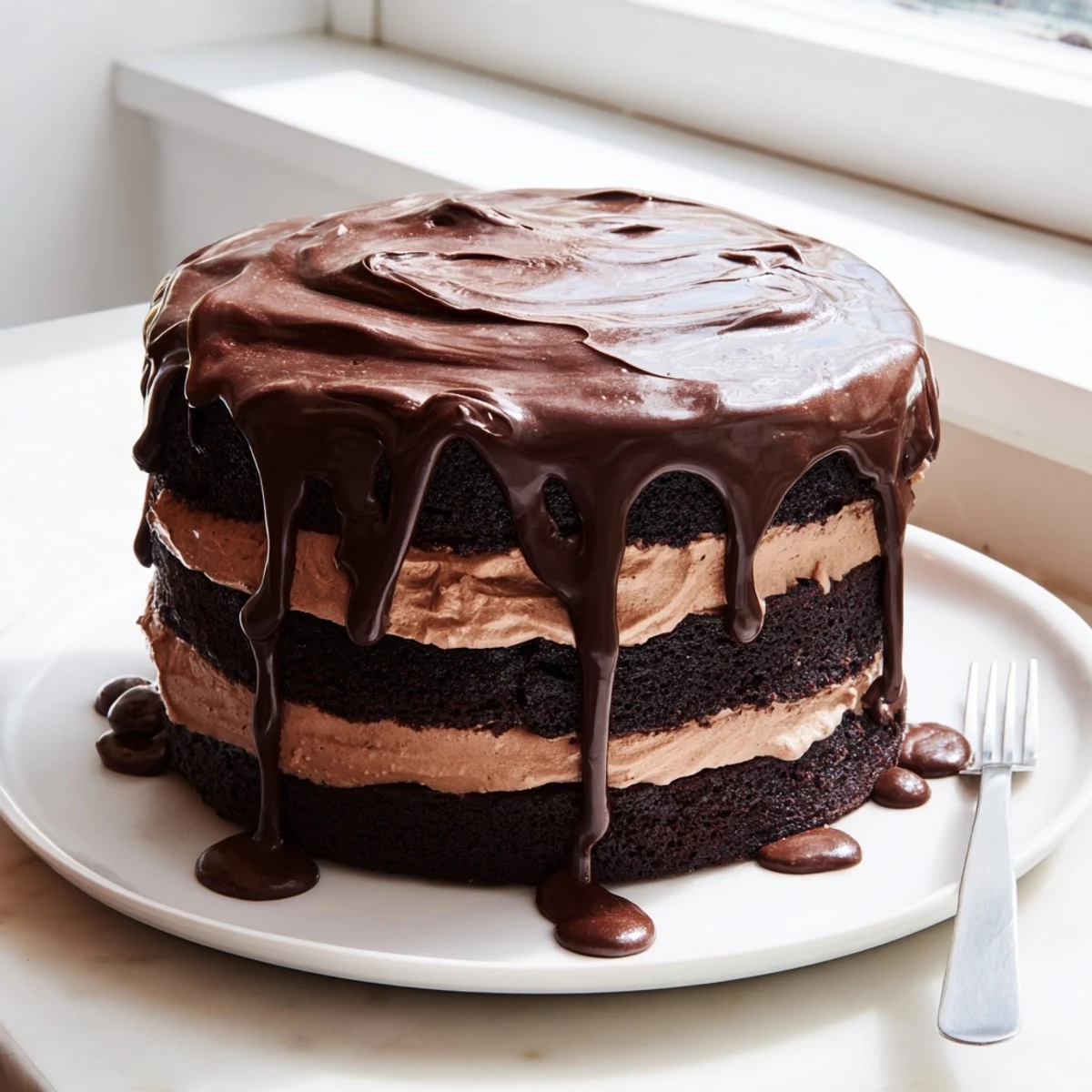 Triple Matilda Chocolate Cake layered with rich chocolate sponge, creamy frosting, and glossy ganache.