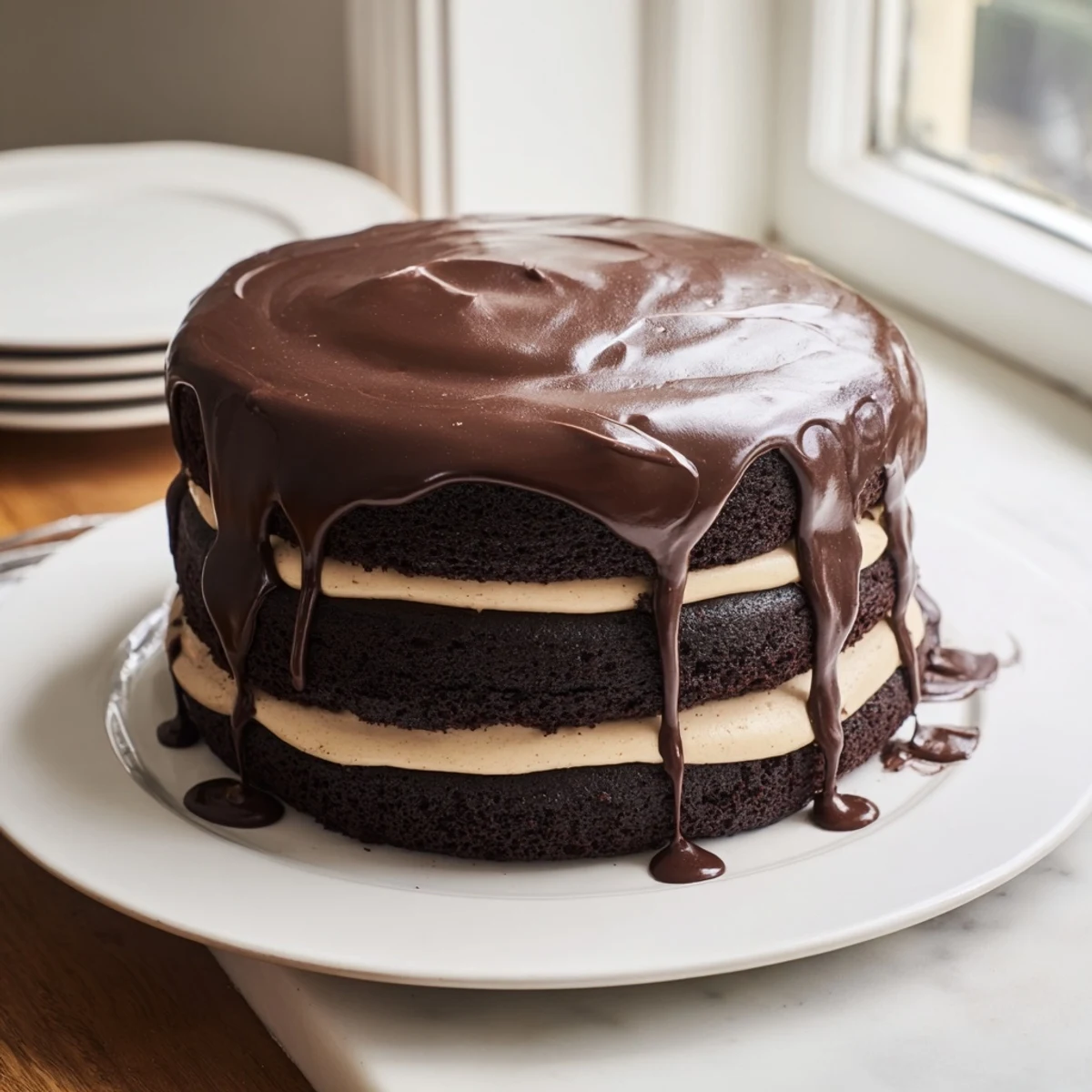 Triple Matilda Chocolate Cake on a white plate, ready to serve with berries and ice cream.