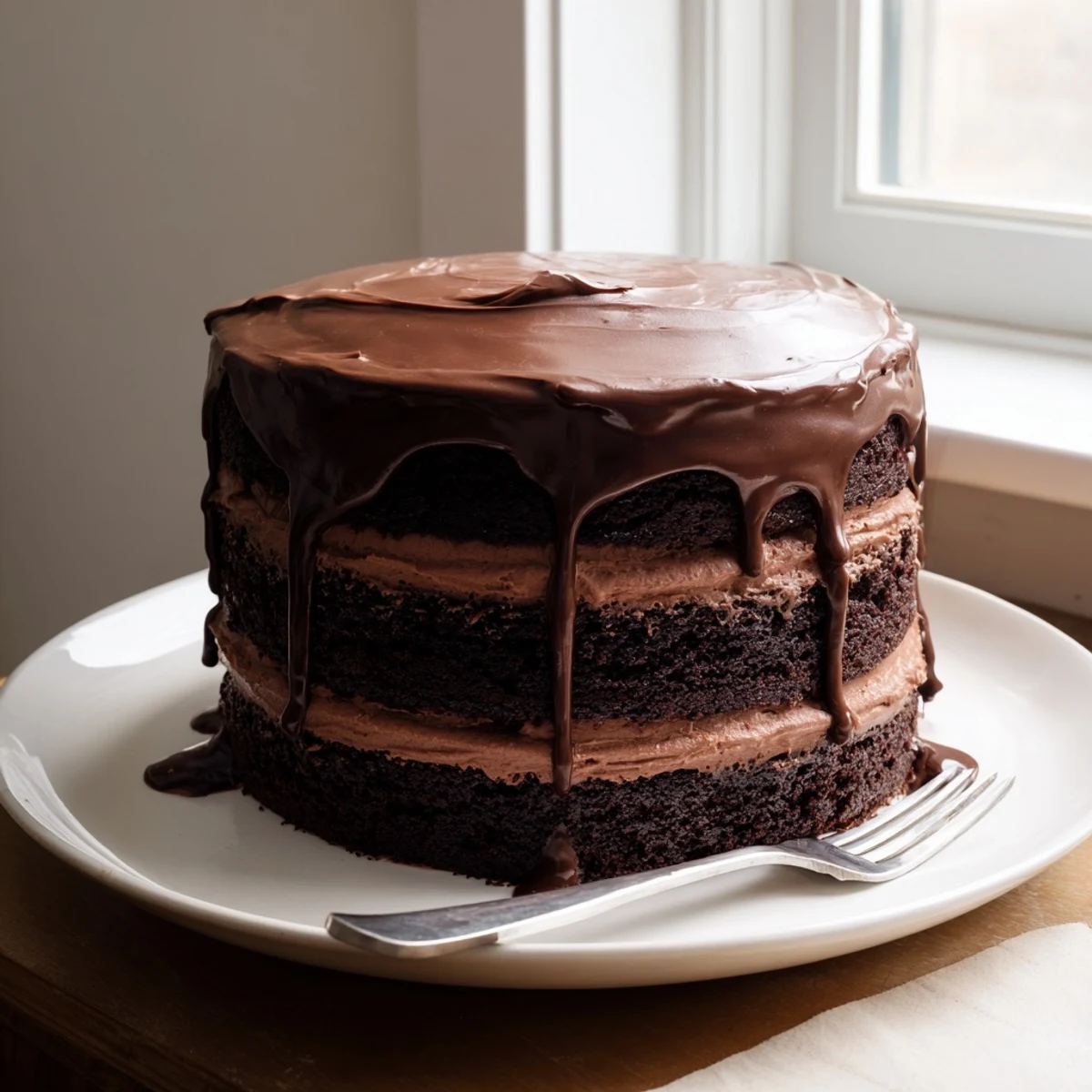 Triple Matilda Chocolate Cake showcases moist layers, velvety frosting, and a decadent ganache drip.
