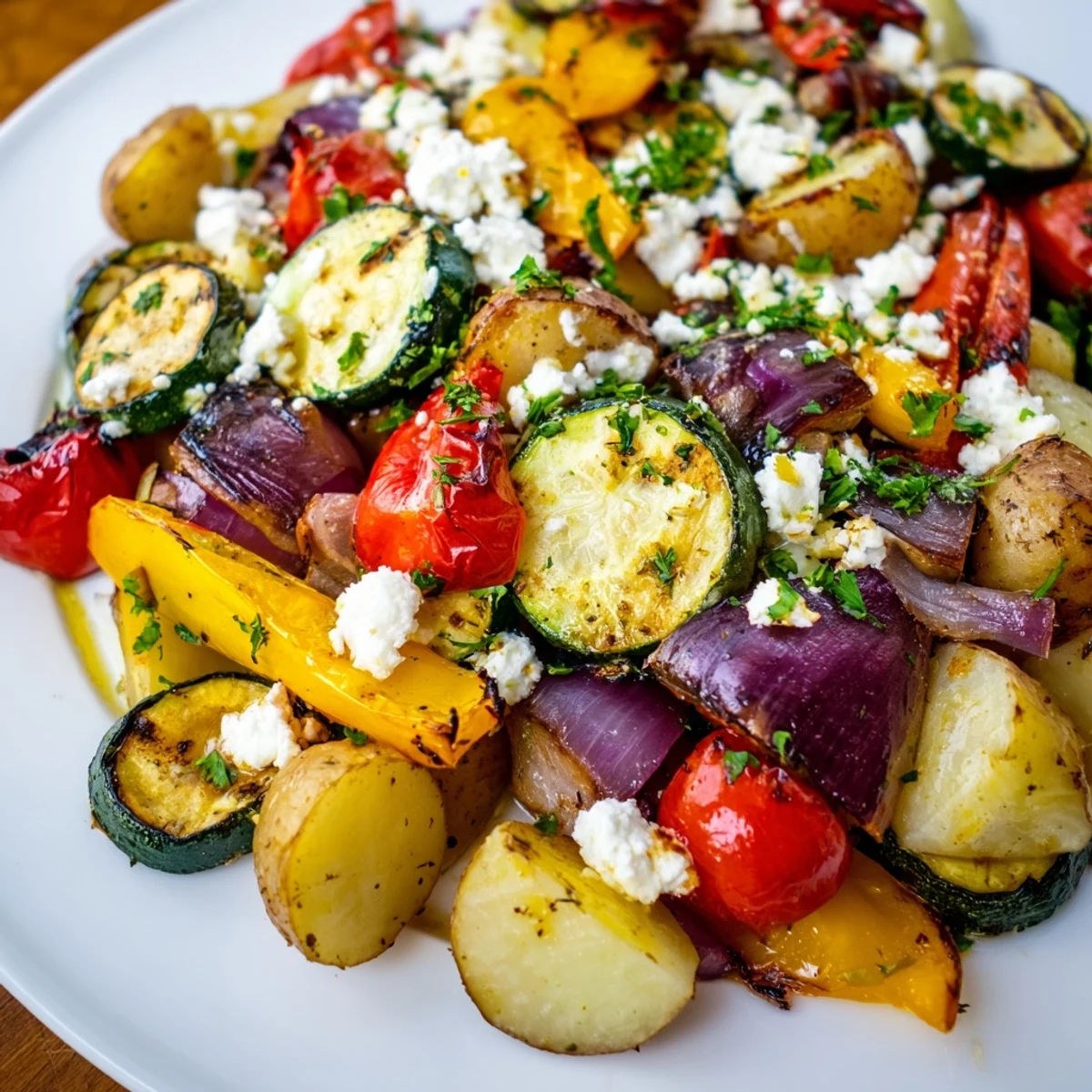 Colorful roasted zucchini, bell peppers, eggplant, potatoes, and tomatoes arranged on a sheet pan after One Pan Greek Vegetables roasting.