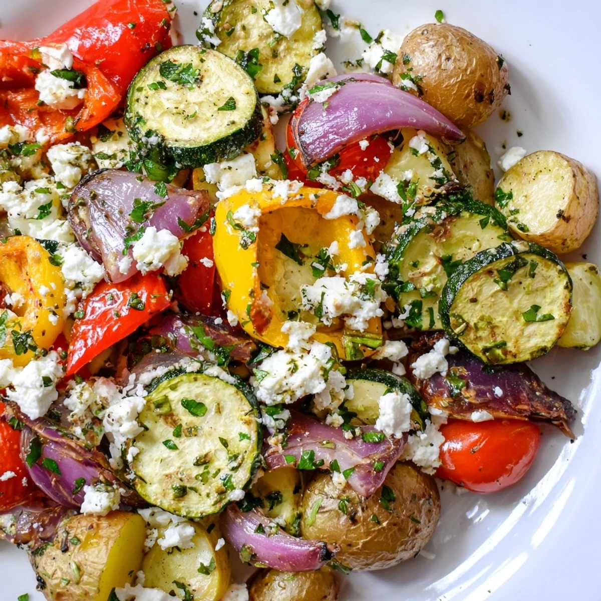 Fragrant garlic, oregano, and lemon olive oil glaze glisten on tender One Pan Greek Vegetables topped with crumbled feta and parsley.
