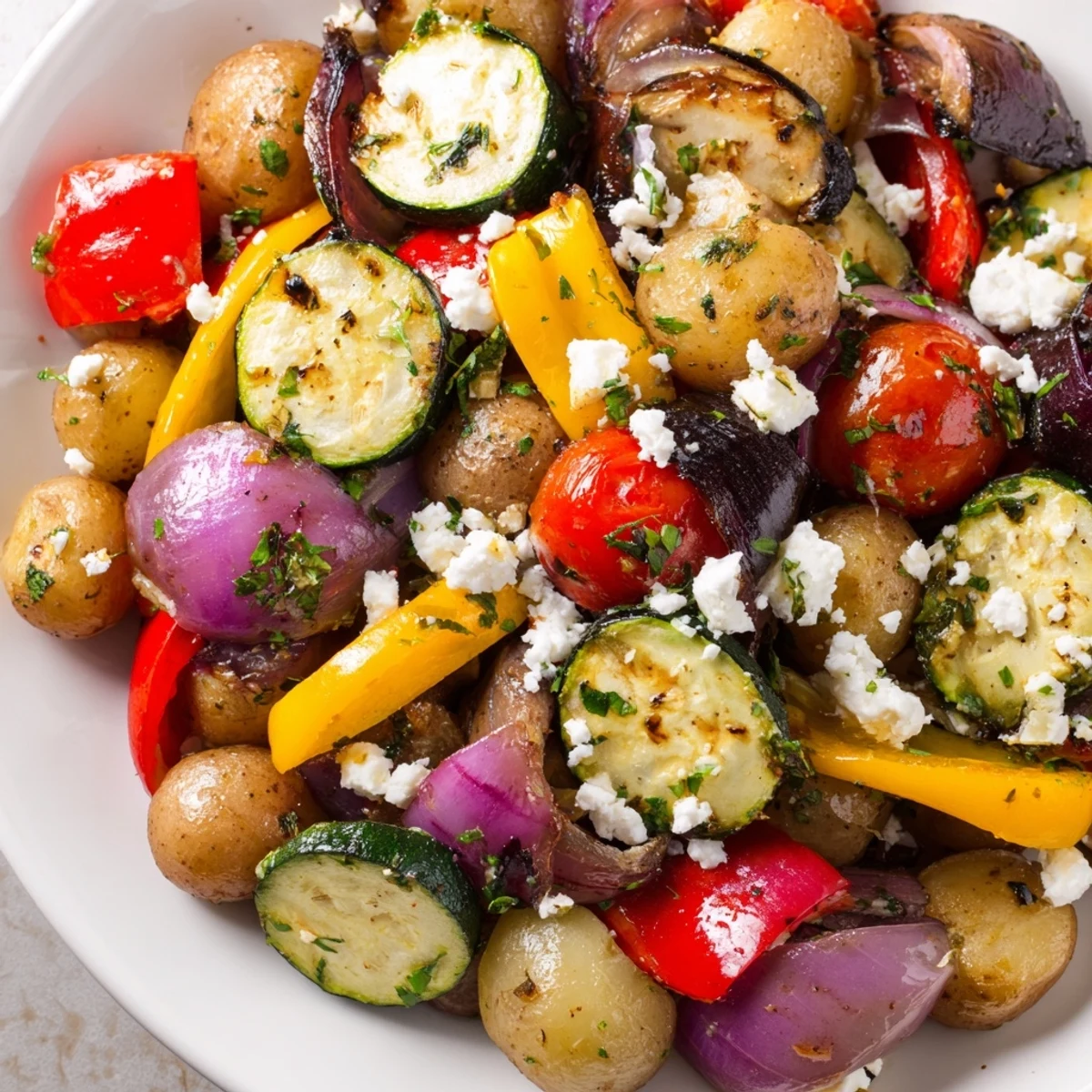 Golden caramelized One Pan Greek Vegetables served warm with lemon wedges, ideal for Mediterranean meal prep or as a vegetarian side dish.