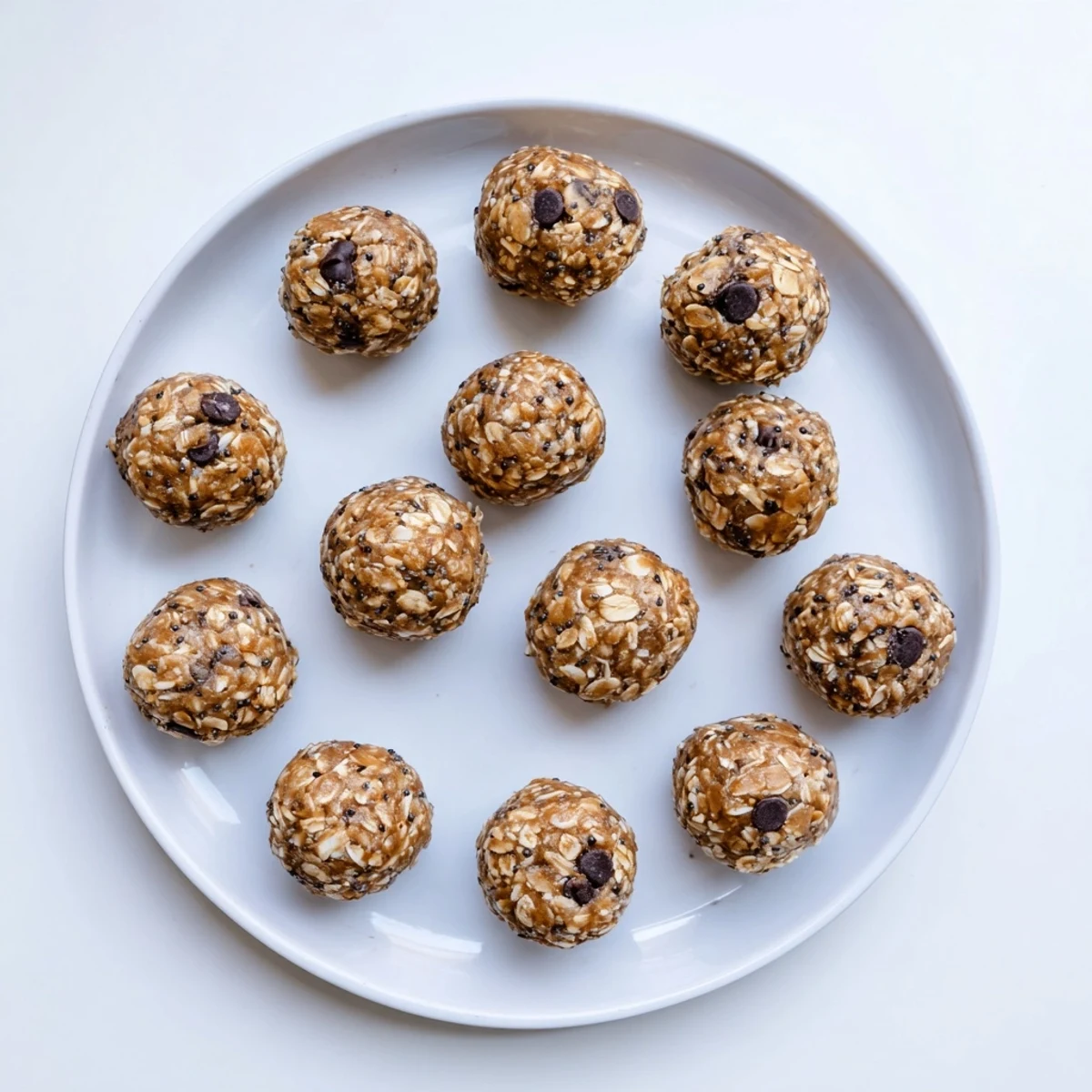 Twelve mint chocolate chip protein balls are lined up, glistening with a light chill, ready for a post-workout snack. 