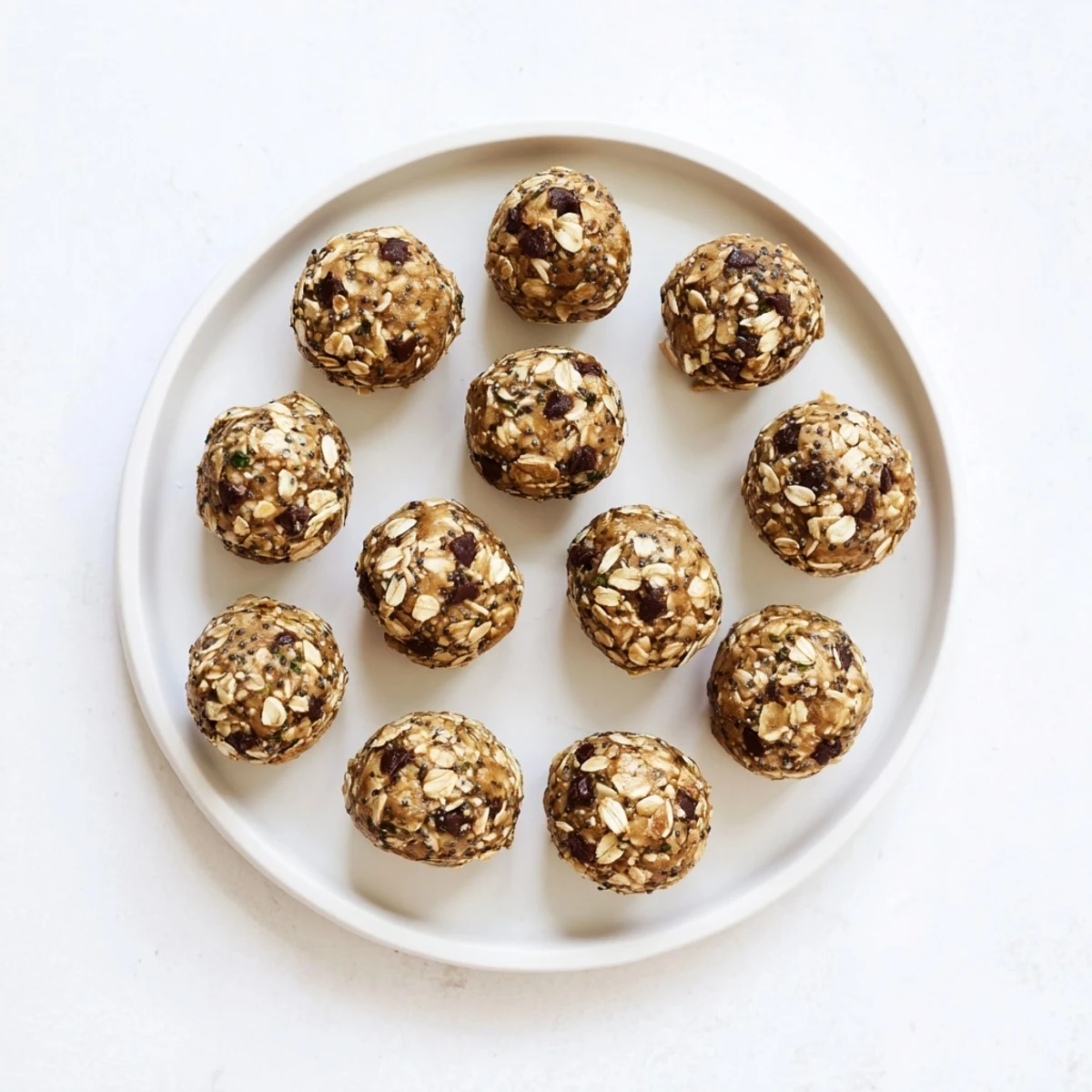 A hand holding a single mint chocolate chip protein ball with a bite taken out, revealing a chewy, minty interior.