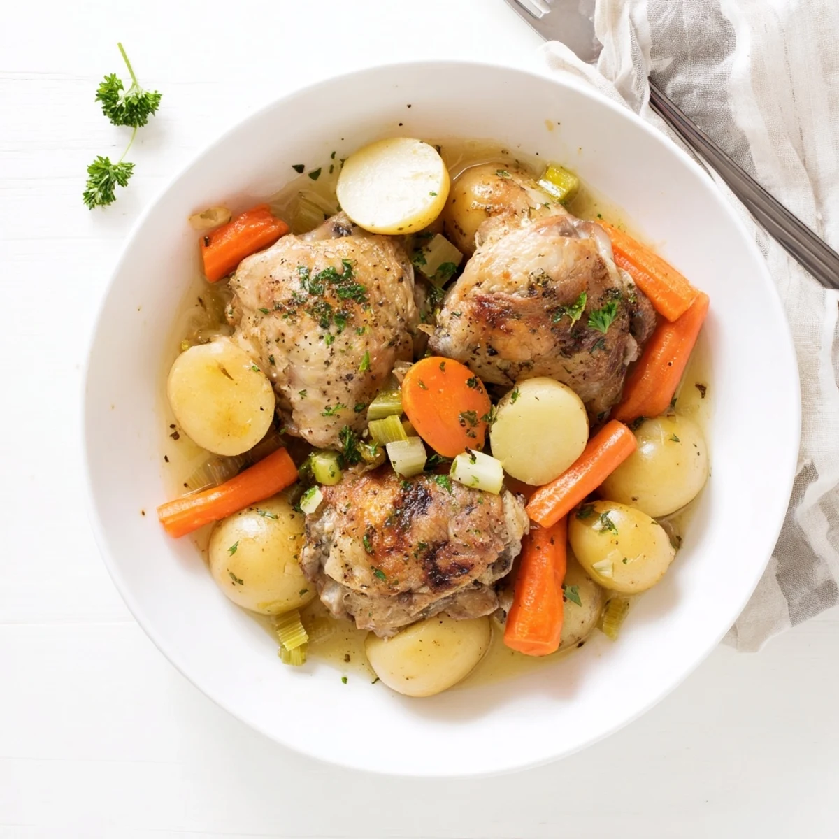 Tender slow cooker chicken thighs nestled with carrots, celery, and baby potatoes in a savory broth