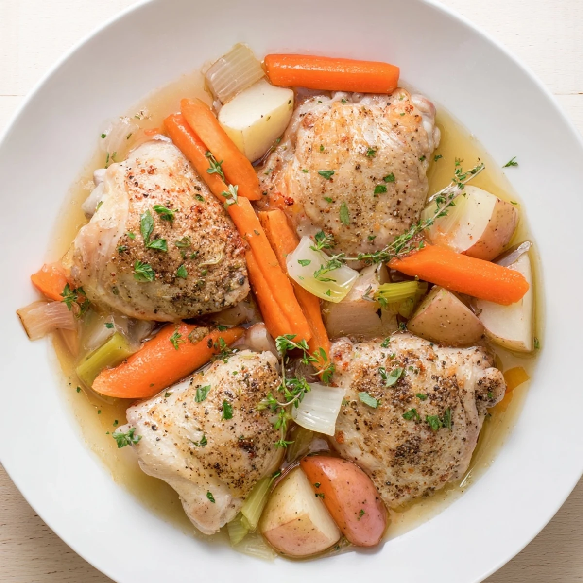 Golden brown healthy savory slow cooker chicken garnished with fresh parsley and served over steamed vegetables