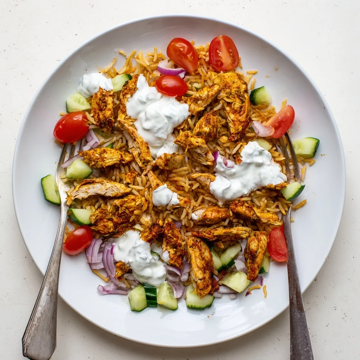 Golden spiced chicken shawarma served over crispy rice salad with fresh cucumber tomatoes and red onion