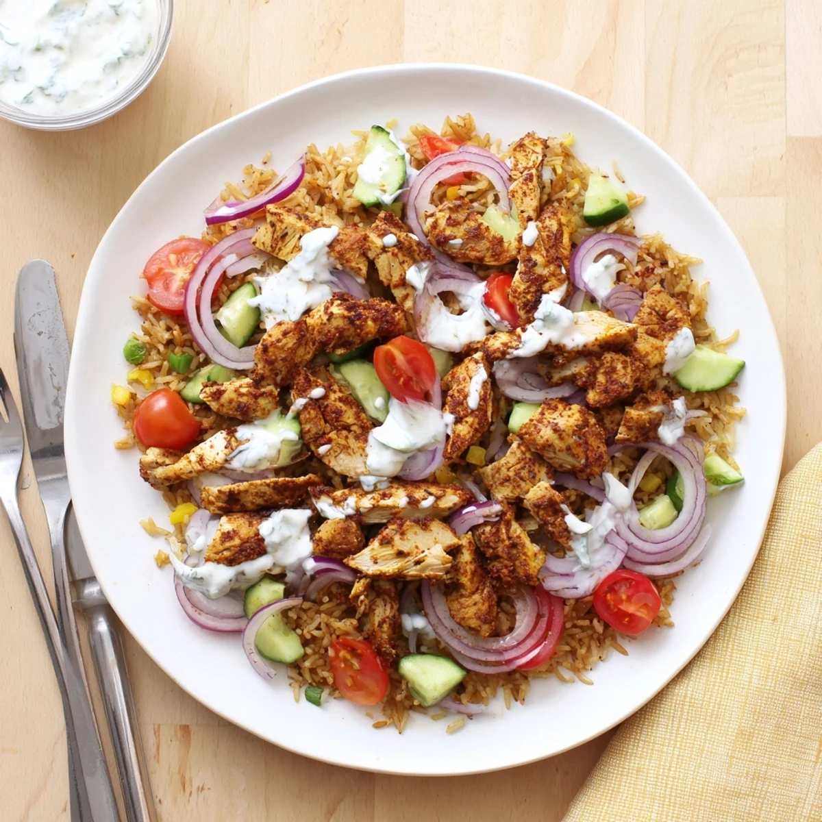 Colorful chicken shawarma crispy rice salad bowl topped with tangy Greek yogurt and vibrant vegetables