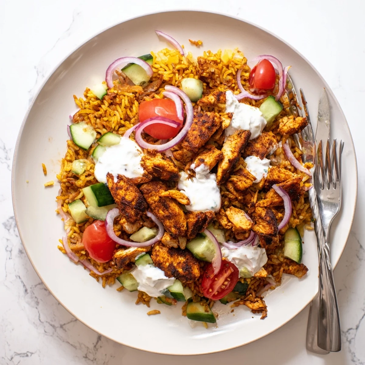 Crispy pan-fried rice tossed with tender spiced chicken shawarma and cherry tomatoes in a hearty salad