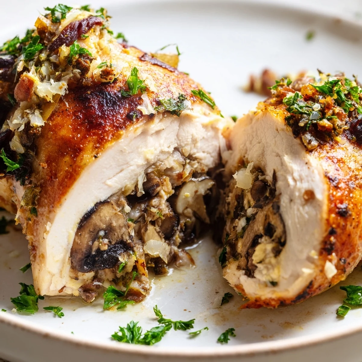 Golden brown mushroom stuffed chicken breast sliced to reveal savory herb and cheese filling
