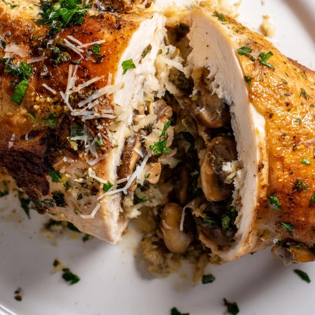 Juicy chicken breast stuffed with seasoned mushrooms and baked to tender golden perfection