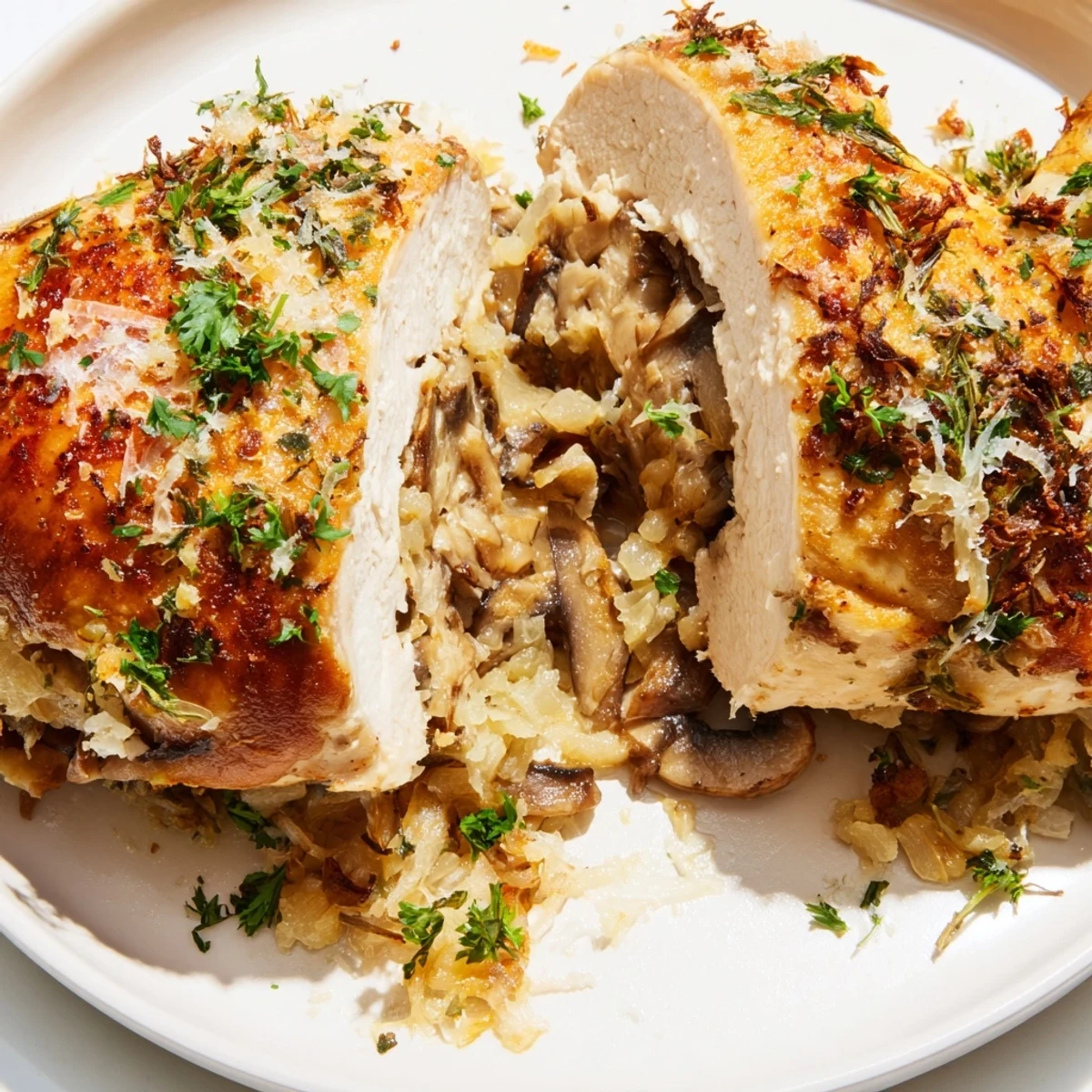 Sliced mushroom stuffed chicken breast on white plate showcasing mozzarella and parmesan filling