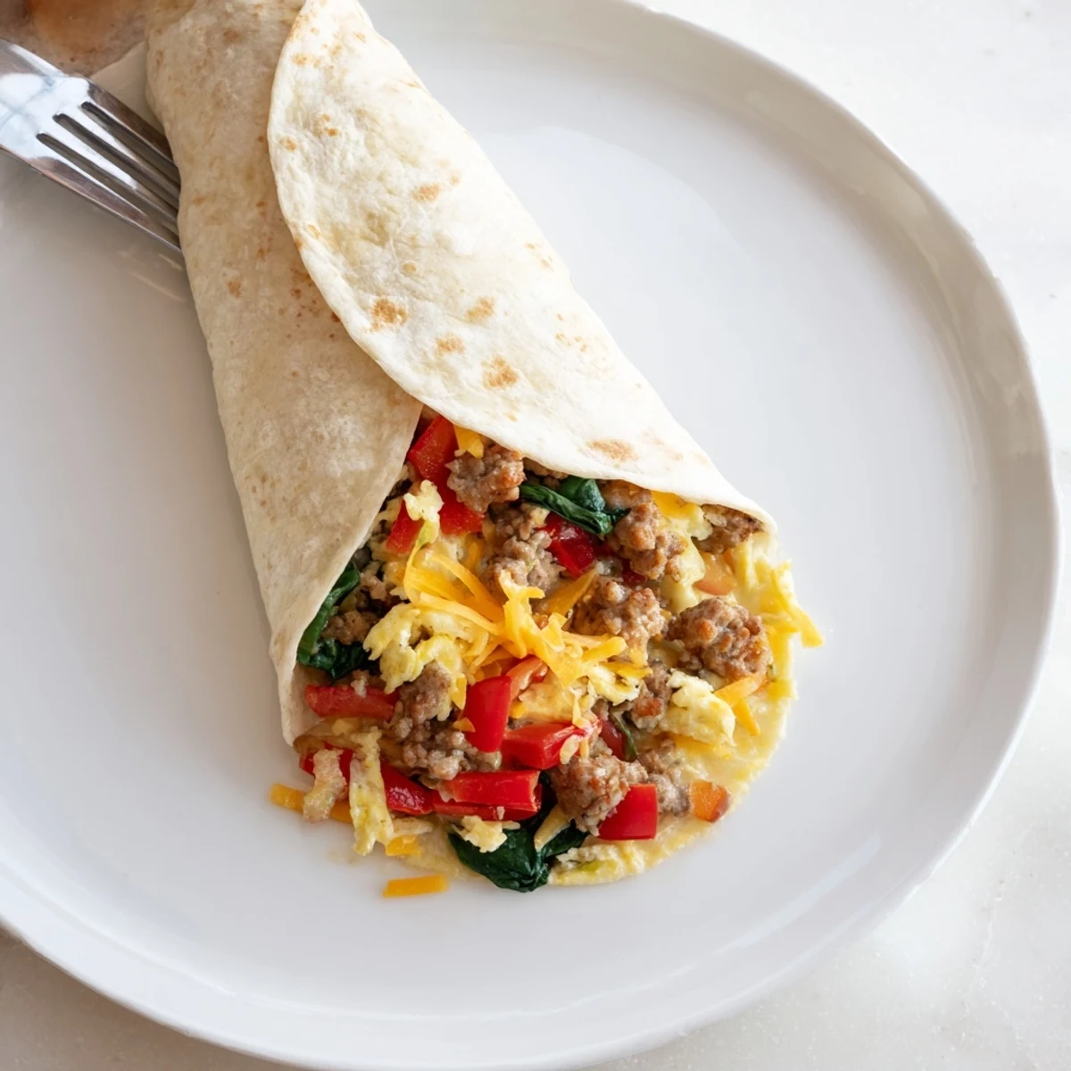 Warm make-ahead breakfast burritos wrapped in foil with melted cheddar cheese and fluffy scrambled eggs