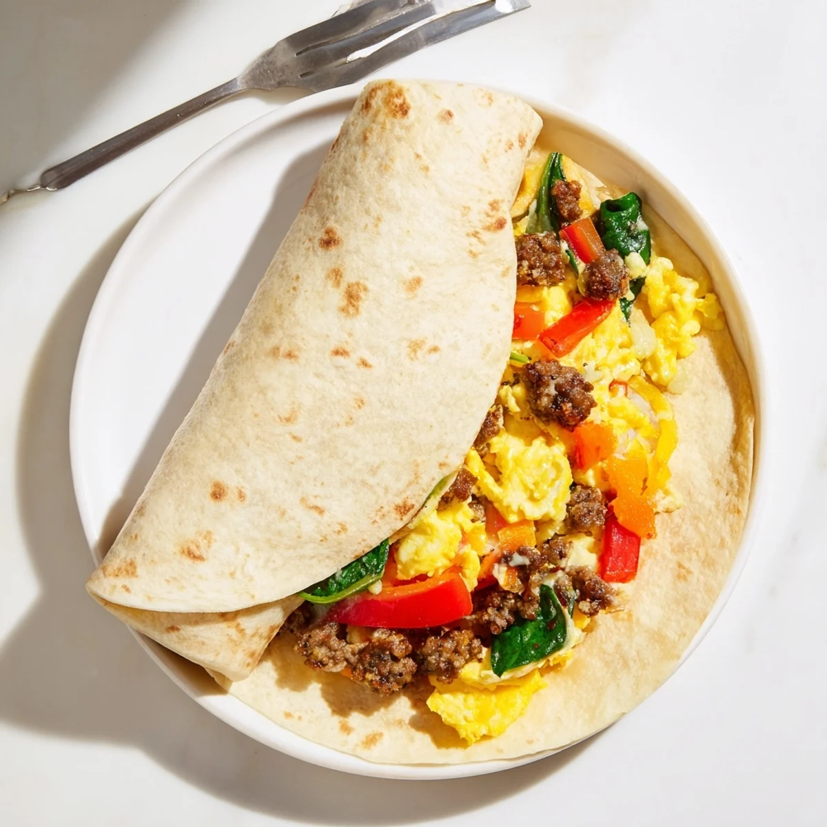 Golden make-ahead breakfast burritos filled with sausage, peppers, spinach, and eggs on a white plate