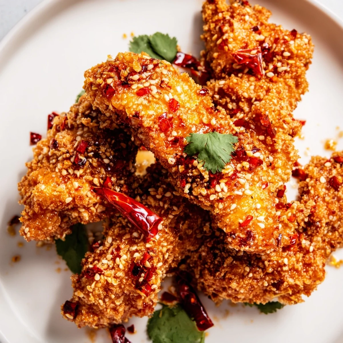 Golden brown Thai sticky chicken fingers glazed in sweet spicy red sauce with sesame seeds and fresh cilantro garnish on a white platter